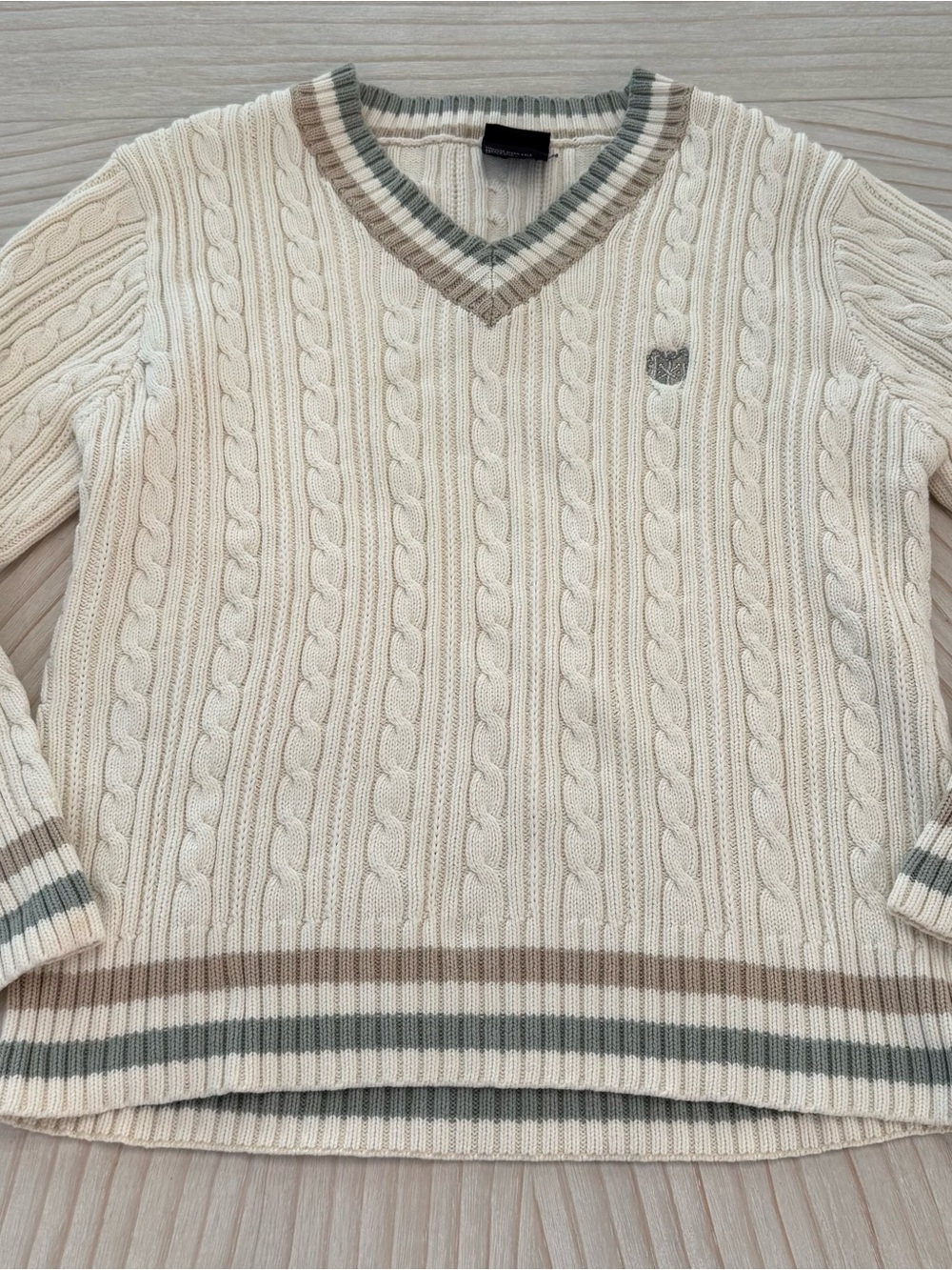 Cream Cable-Knit V-Neck Sweater with Taupe & Sage Trim